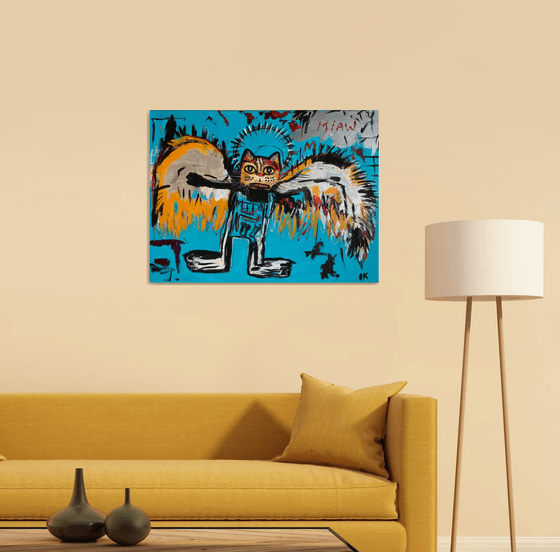 81x61cm Cat La Fallen Angel version of famous painting by Jean-Michel Basquiat
