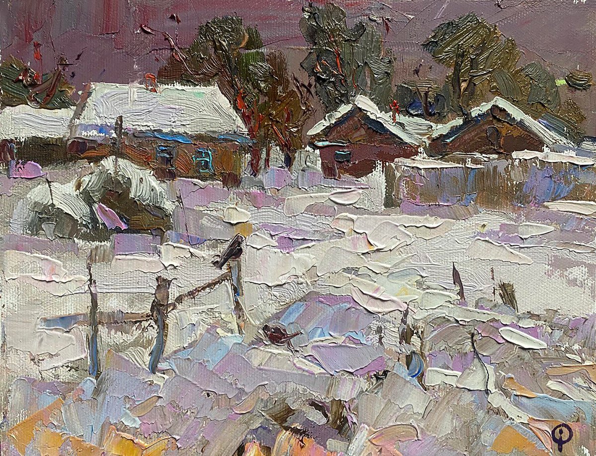 Impressionistic Landscape Oil Painting By Kalenyuk Alex, 10 X 8", Snow Covered Street, Original Artwork