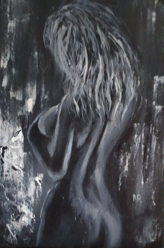 In candle light, original erotic nude girl oil painting, bedroom art