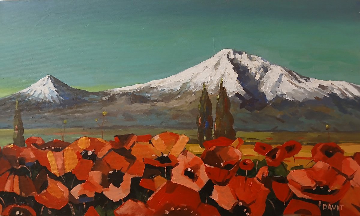 Impressionistic Landscape Acrylic Painting By Davit Arstamyan, 20 X 12, Poppies Of Ararat, Original Artwork