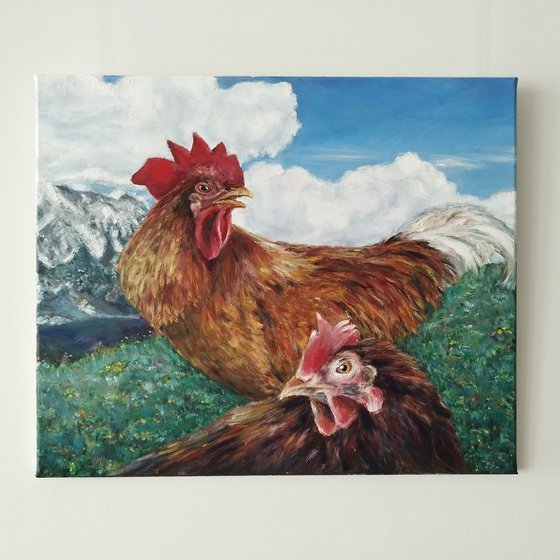 Hen And Rooster In Tyrol