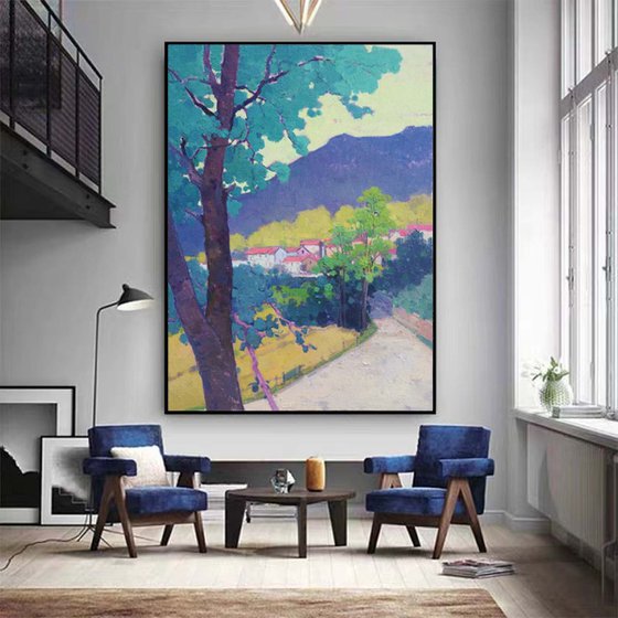 Landscape oil painting:Big trees in front the village 111