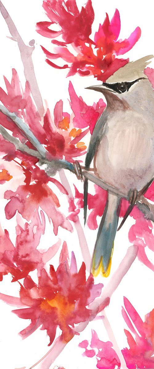 Waxwing and pink flowers original watercolor art by Suren Nersisyan