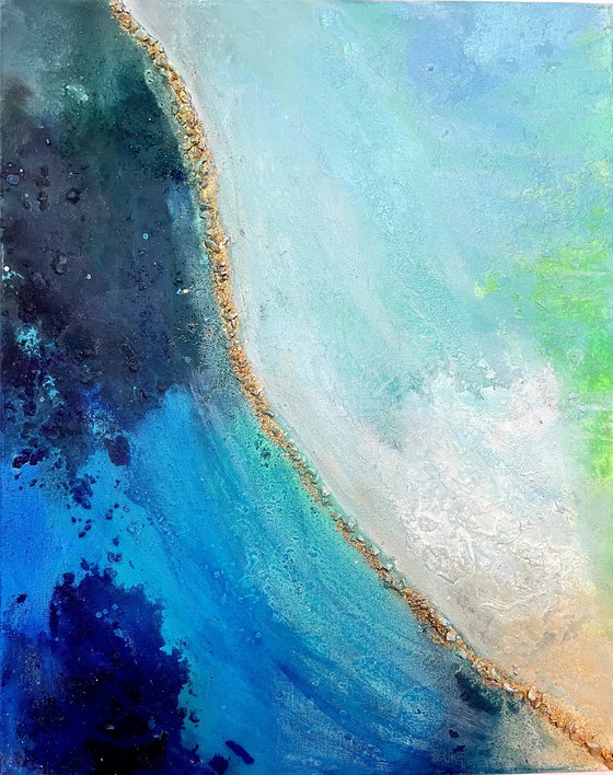 Blue Moods abstract ocean painting with shatered glass