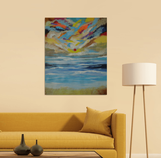 Abstract Landscape !! Magical Sunset at beach! Large Abstract Painting on Canvas ! Colorful Sky