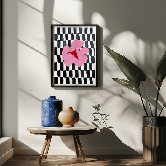 Pink Flower on Checkerboard