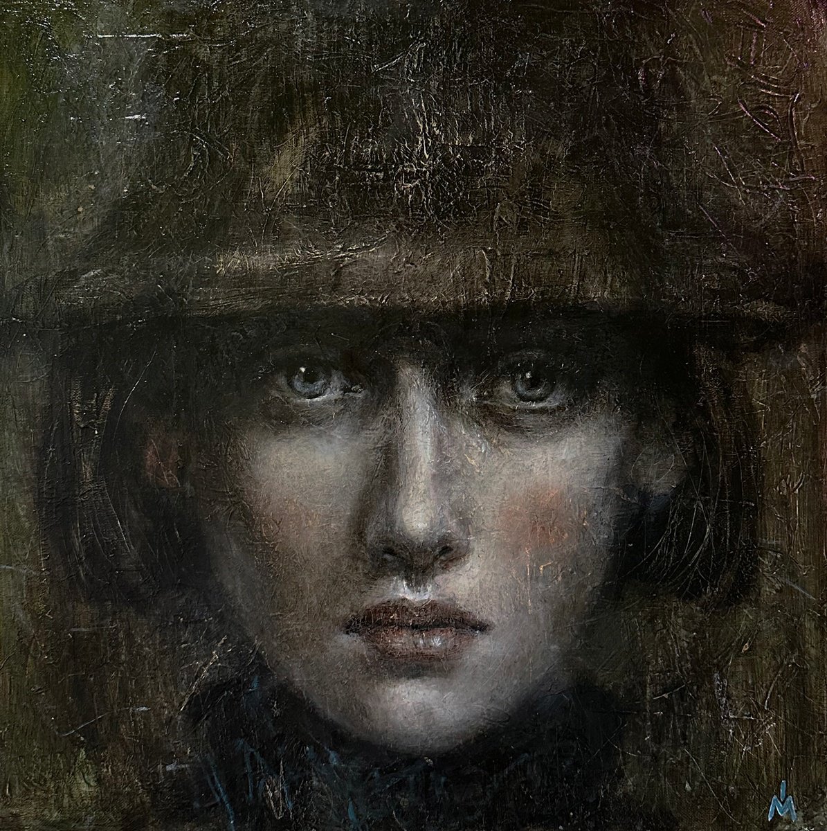 Surrealistic Portrait Oil Painting By Margarita Ivanova, 20 X 20", Ghost In The Hat, Original Artwork