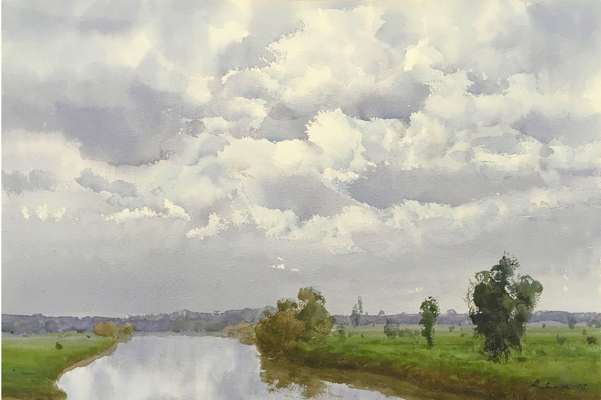Impressionistic Landscape Watercolour By Riaz Samadhan, 21 X 14", River Panchganga- 2, Original Artwork