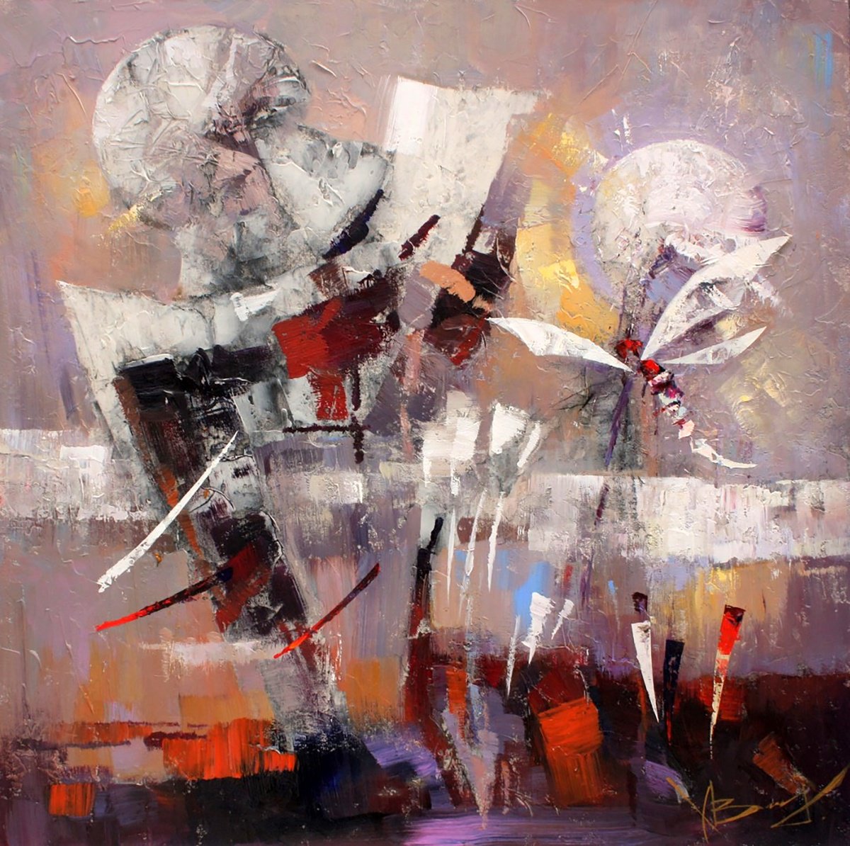 Impressionistic Abstract Oil Painting By Valentina Kozyar, 39 X 39", Dragonfly, Original Artwork