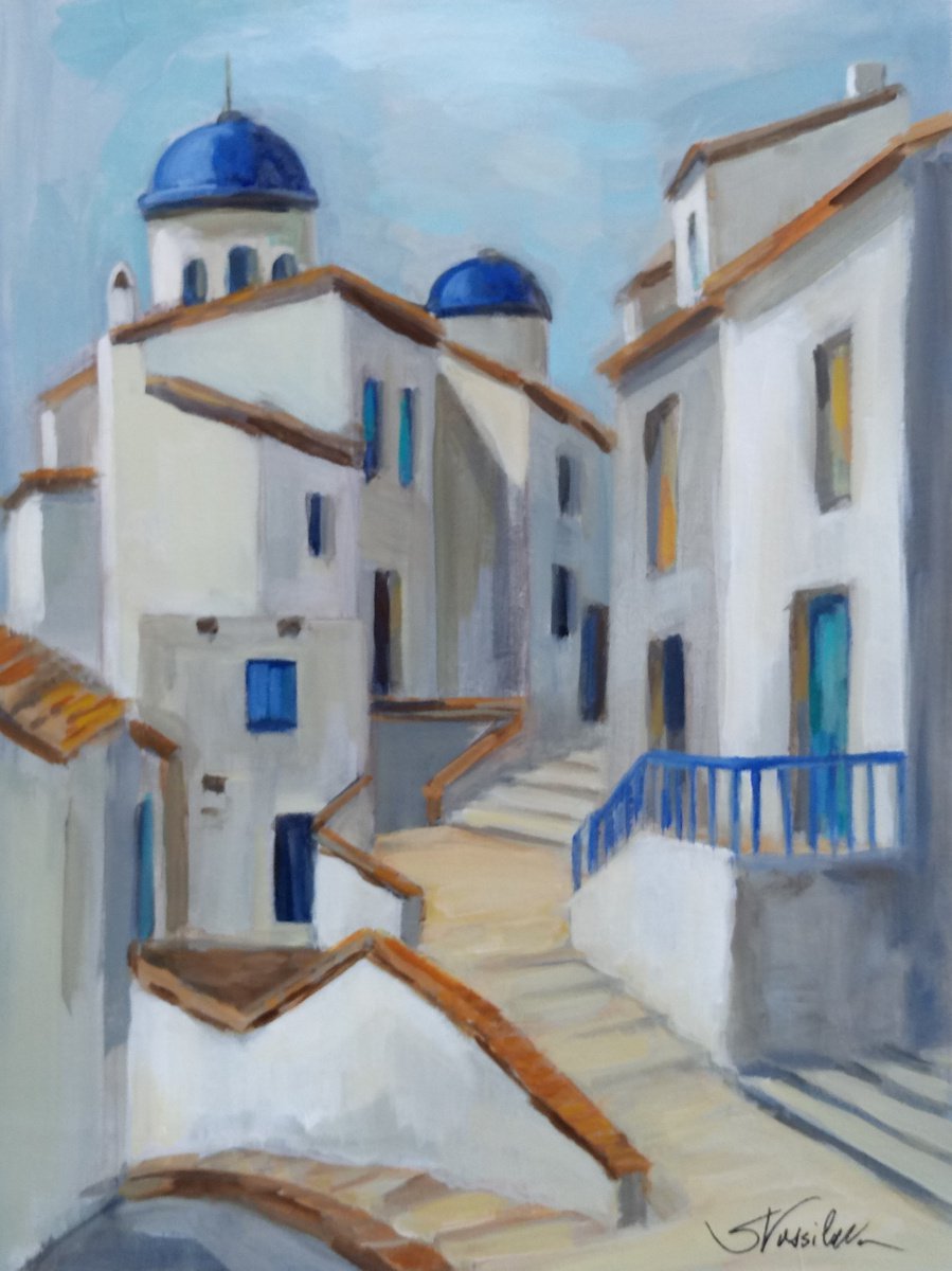 Expressive Cityscapes Acrylic Painting By Silvia Vassileva, 18 X 24", Santorini View Ii, Original Artwork