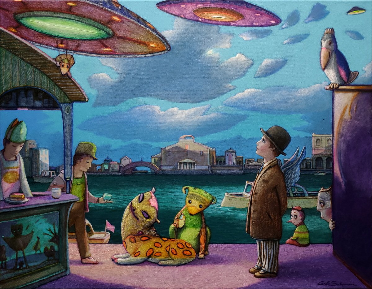 Surrealistic Cityscapes Painting By Carlo Salomoni, 30 X 23, It Can Happen ! (On Demand ), Original Artwork