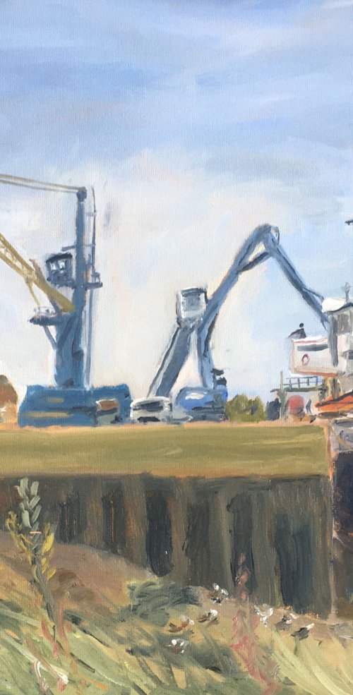 Unloading a ship Dockside, An original plein air oil painting by Julian Lovegrove Art