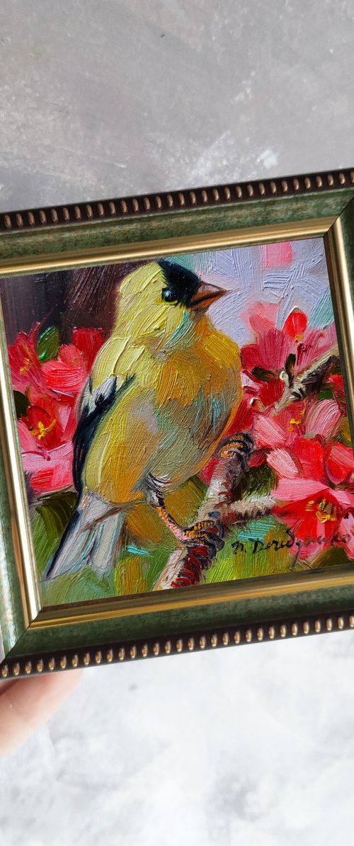 Yellow bird on blossom branch by Nataly Derevyanko
