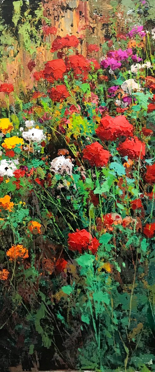 Still life oil painting:flowers in the garden by Kunlong Wang