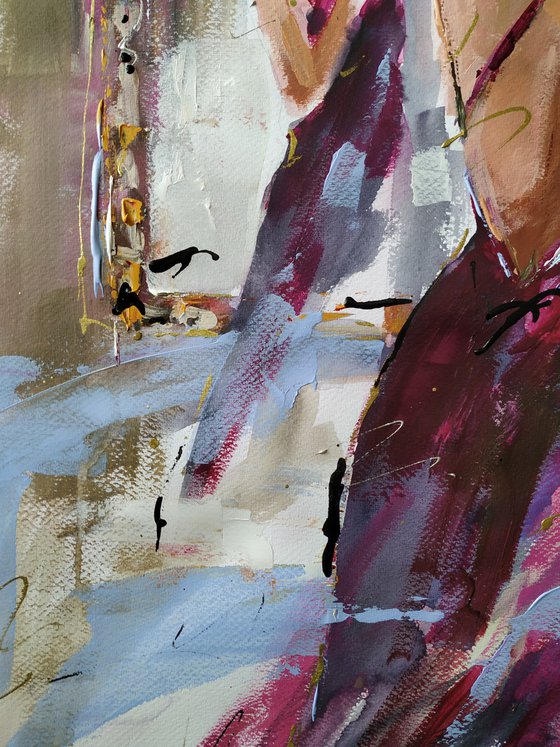 Magenta Dress - Woman Mixed Media Painting on Paper