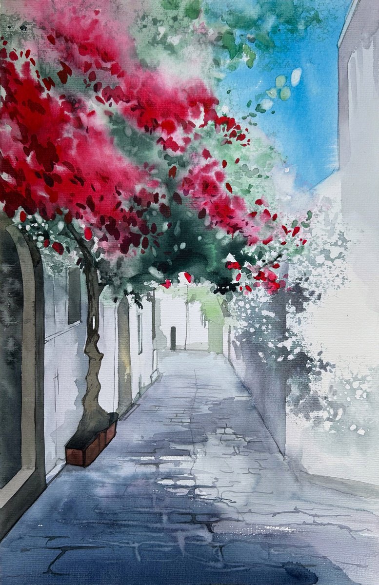 Impressionistic Cityscapes Watercolour By Nazar Grunyka, 11 X 17", ?talian Courtyard, Original Artwork