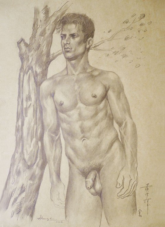 ORIGINAL DRAWING PENCIL  ART MALE NUDE MAN ON BROWN PAPER#16-6-22