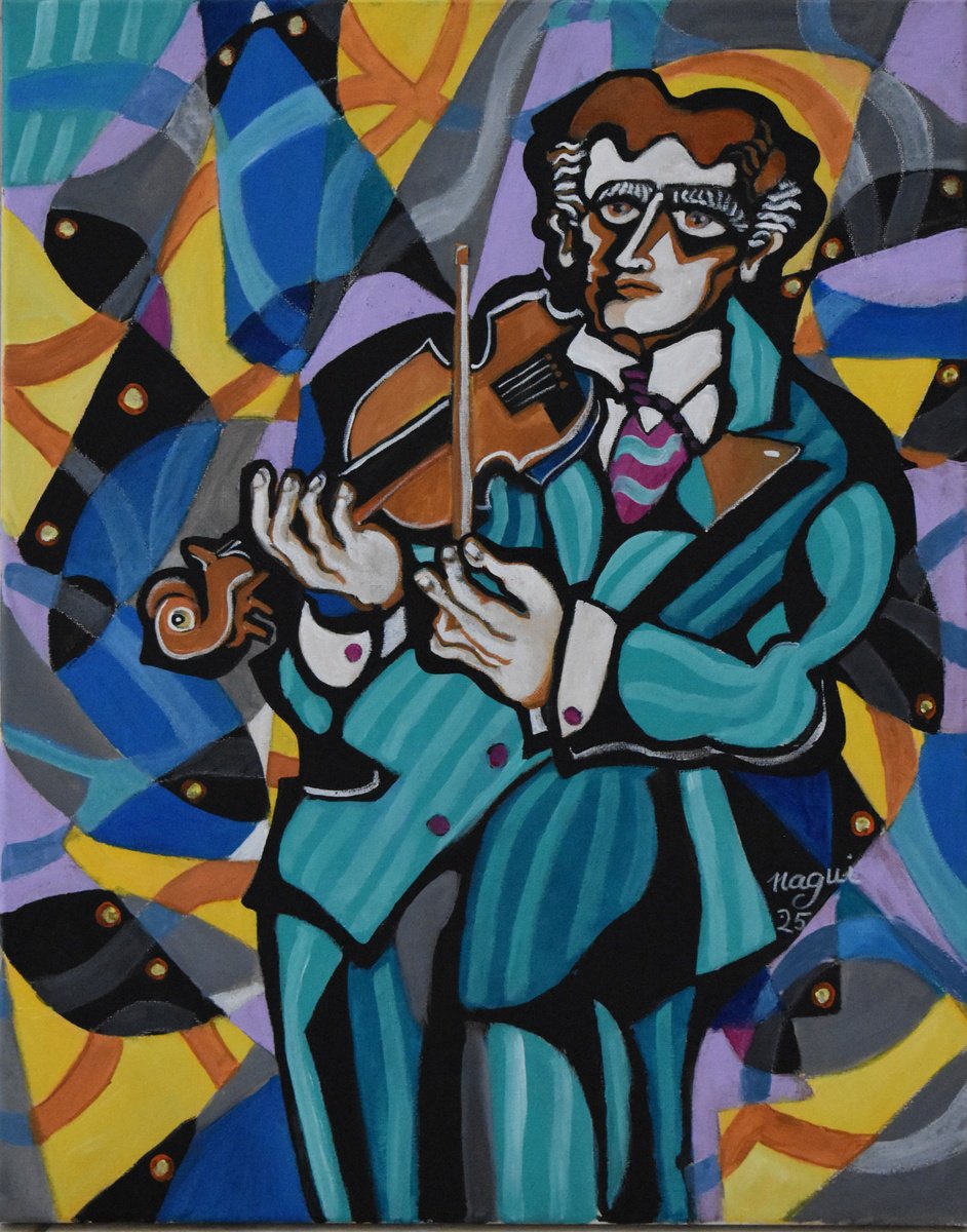 Expressive Portrait Acrylic Painting By Nagui, 16 X 20", Violin 625, Original Artwork