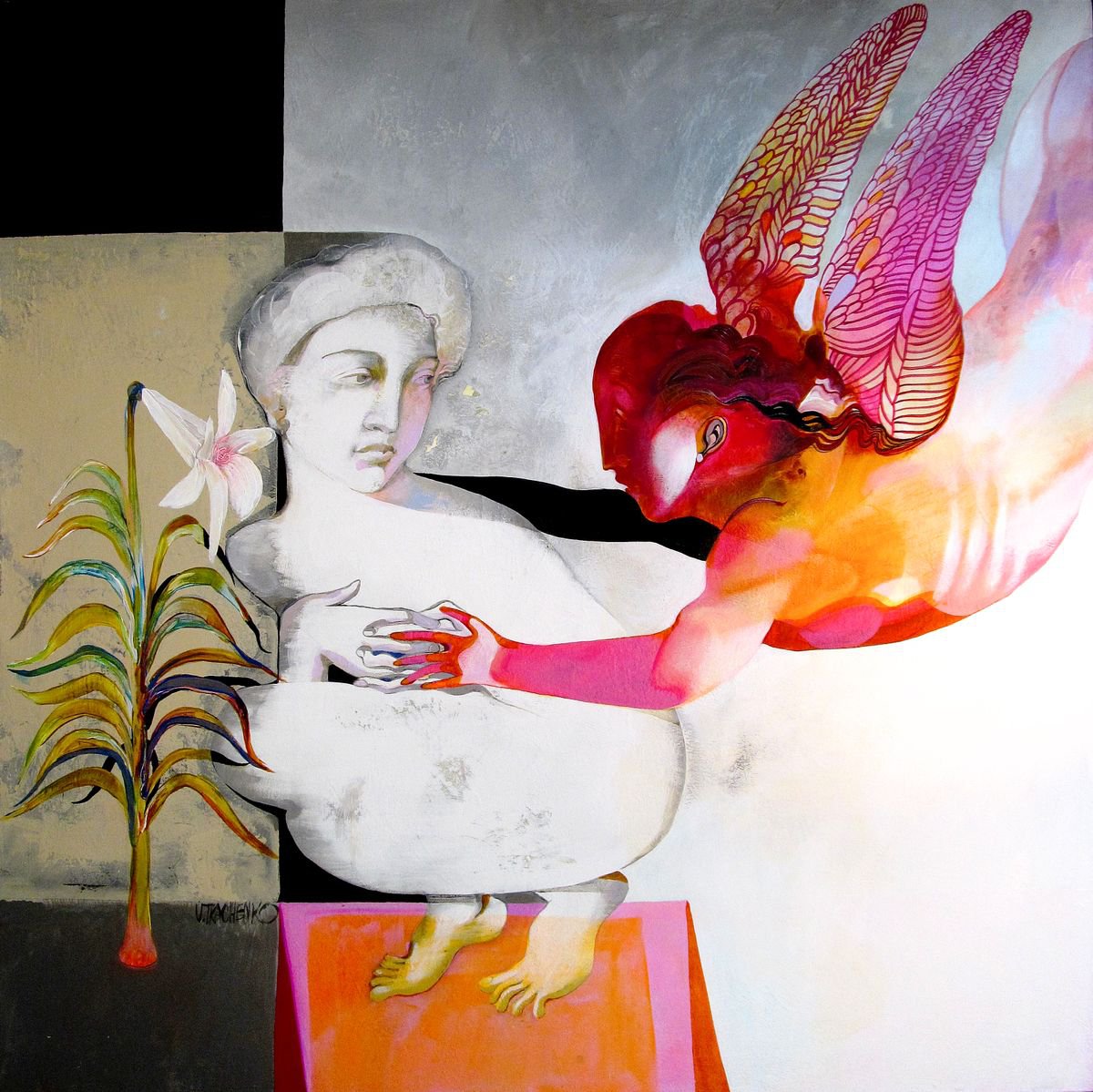 Portrait Acrylic Painting By Victor Tkachenko, 54 X 54", Good News, Original Artwork