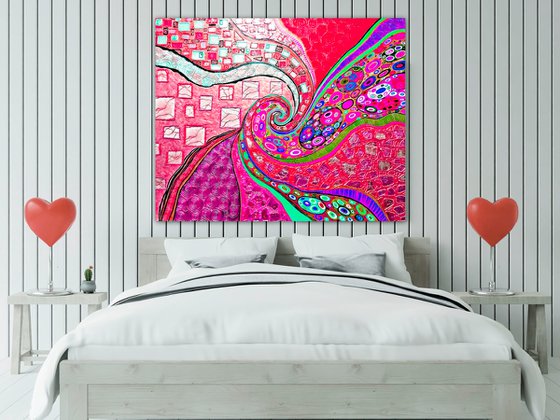 Viva Magenta Love - large red abstract painting, vivid spiral