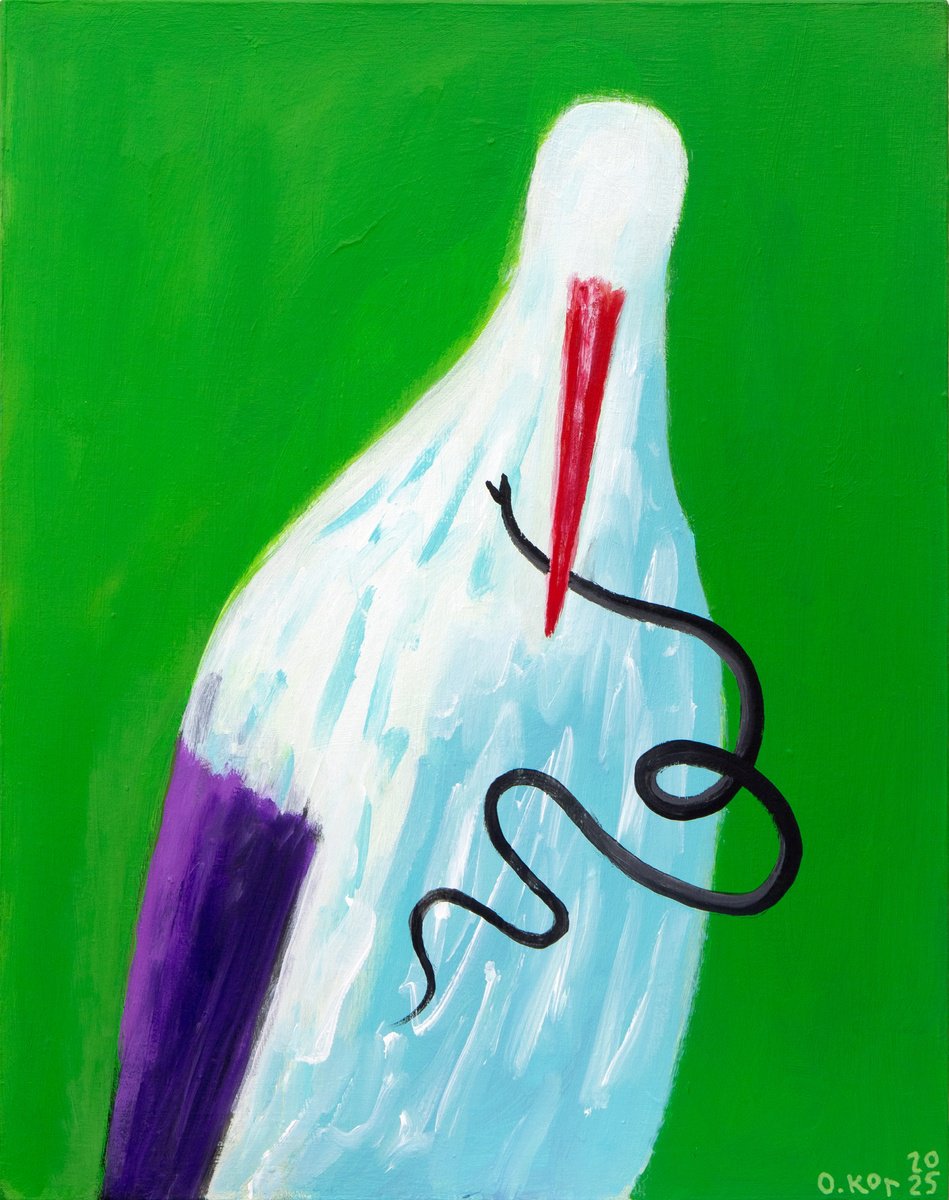 Urban And Pop Animal Acrylic Painting By Oleksandr Korol, 16 X 20", Stork With A Viper, Original Artwork