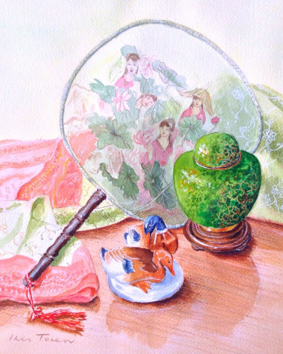 Oriental Still Life with Fan and Ginger Jar by Iris Toren