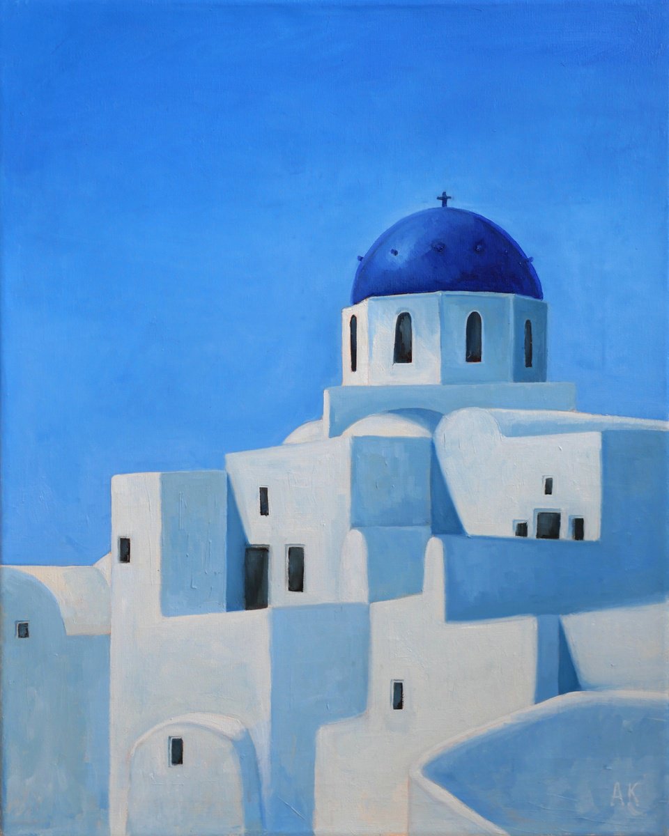 Photorealistic Landscape Oil Painting By Alfia Koral, 16 X 20, Greece - Santorini Blue, Original Artwork