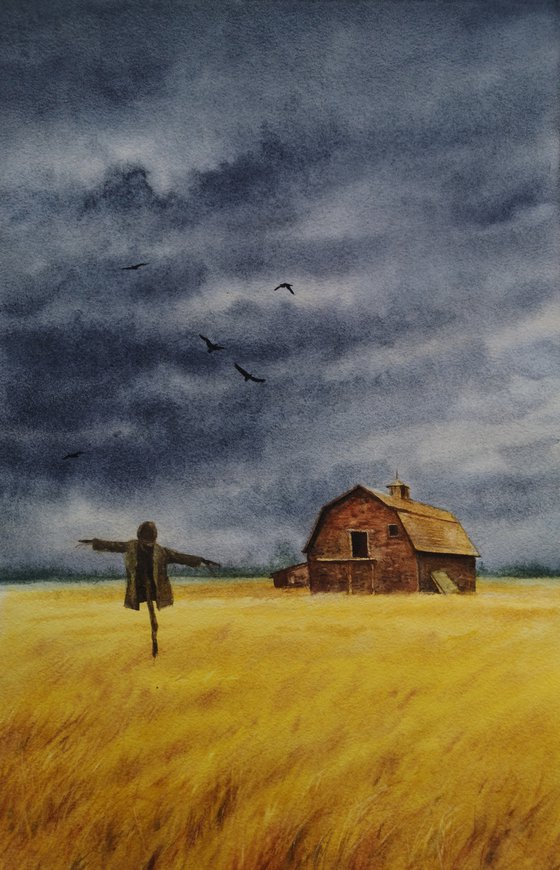 Farm scene with scarecrow and old barn - farm house - thunder sky