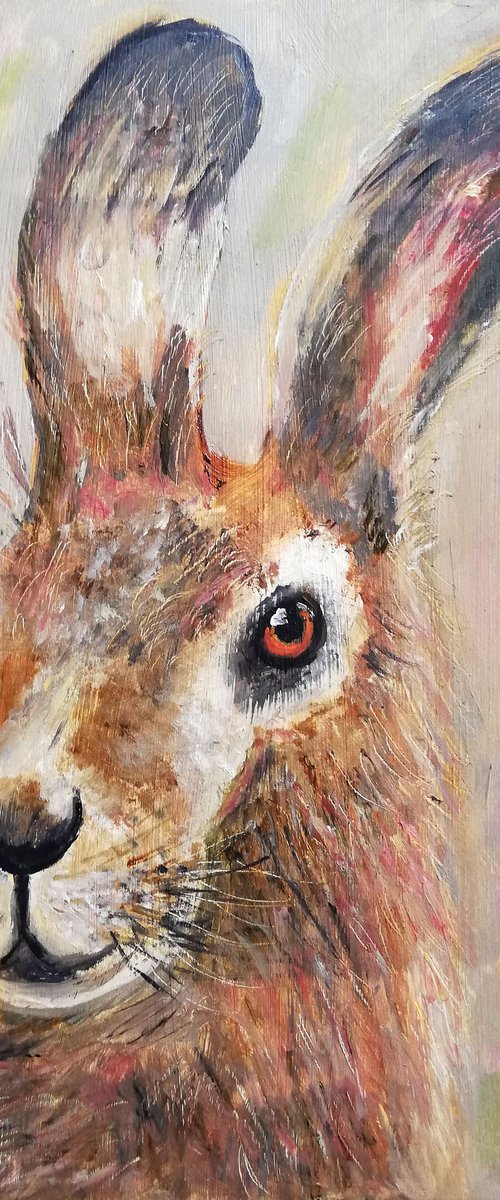 "Rabbit's Portrait" Original Oil Painting on Cardboard 7x9.5" (18x24cm) by Katia Ricci