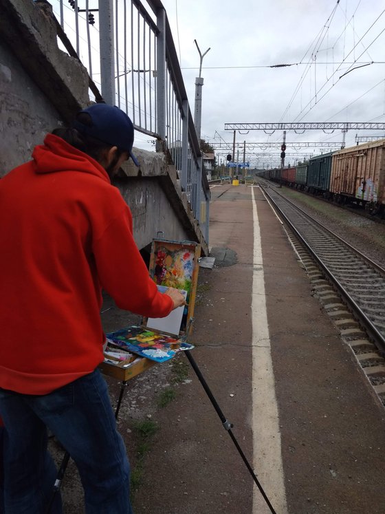 Railway station. Pleinair painting