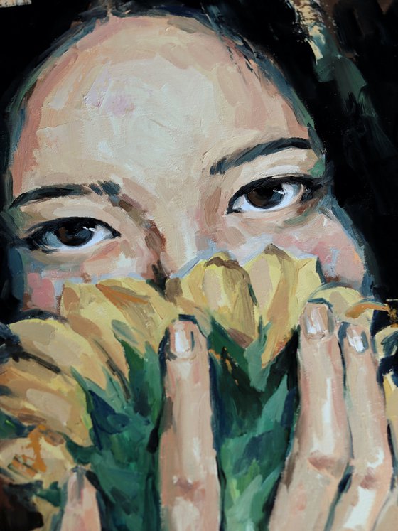 Asian women with sunflowers