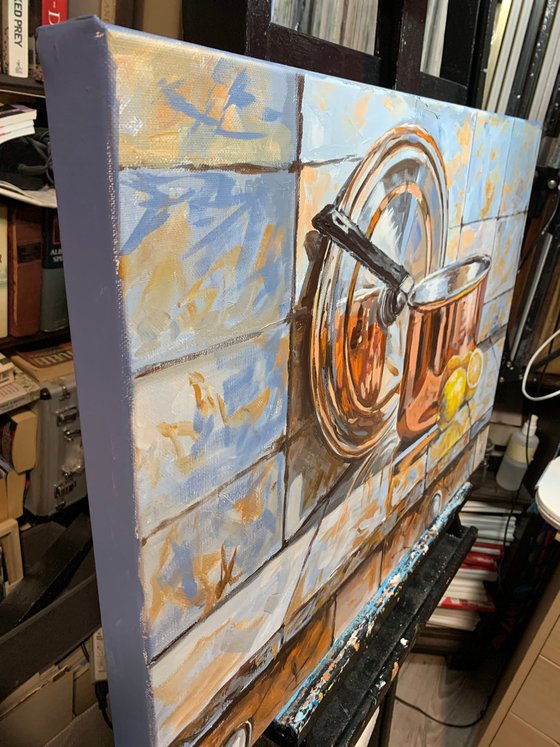 Simple joy. Copper pot and lemons.