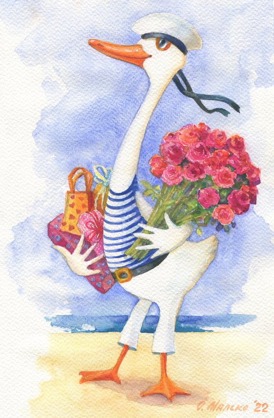 In a Port City (Set) / ORIGINAL watercolor Sea illustration Funny goose, duck, chicken Bright pictures