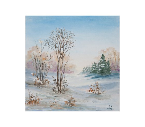 Winter morning. Snow landscape. Small oil painting. Miniature. 6 x 6