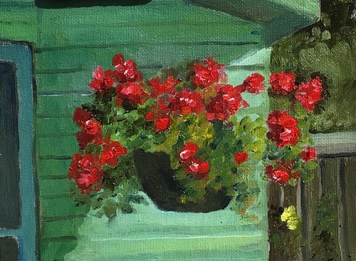 Red Geraniums, an original oil painting by Julian Lovegrove Art
