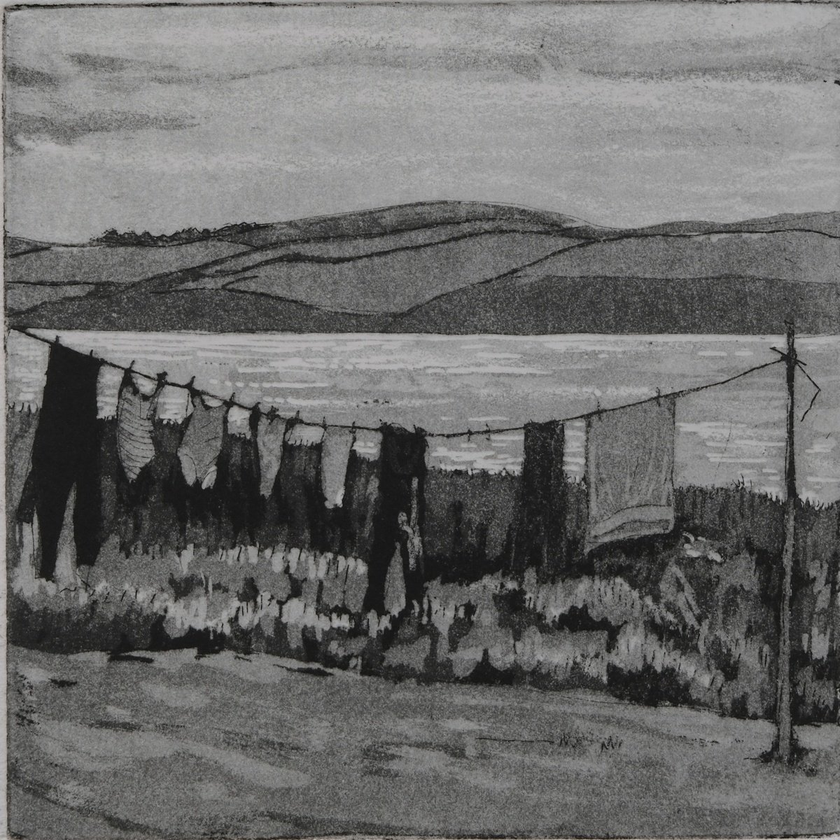 Illustrative Landscape Etchings & Engravings By Peg Morris, 6 X 6", Washing Line, Polzeath, Original Artwork