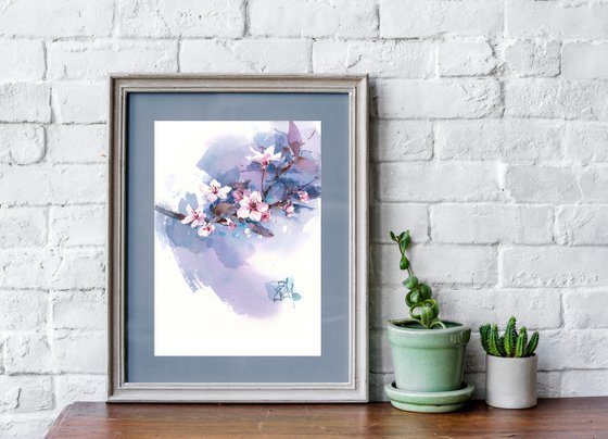 "Spring Rains" blooming tree branches watercolor