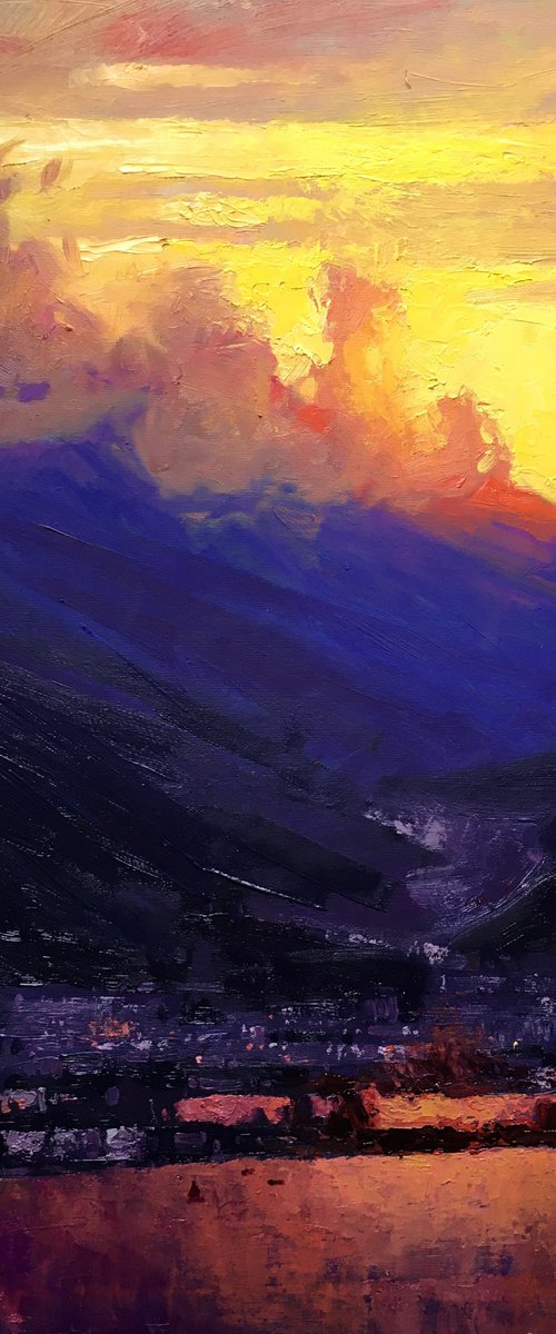 Bright colors of southern Turkey Sunset painting oil on canvas by Andrii Kovalyk