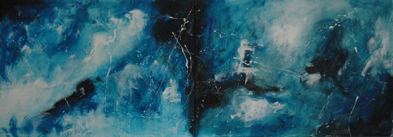 "Back In Blue". X Large panoramic abstract 200 x 70 cm. Diptych.