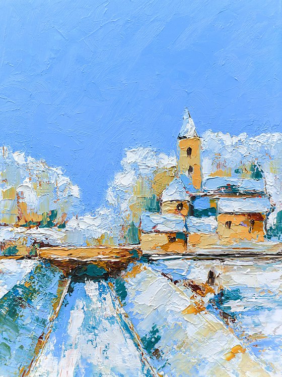 Small winter scene. Little oil painting for gift