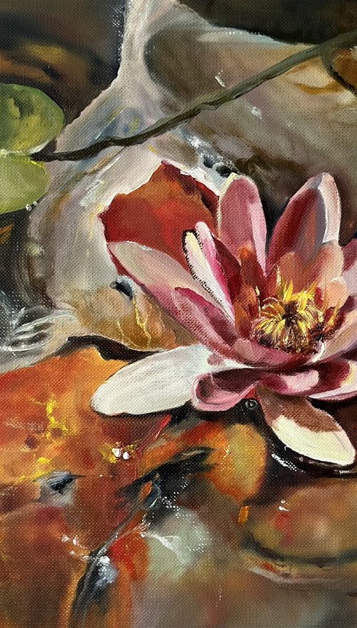 Koi Fish And Water Lily Original Oil Painting by Myroslava Denysyuk