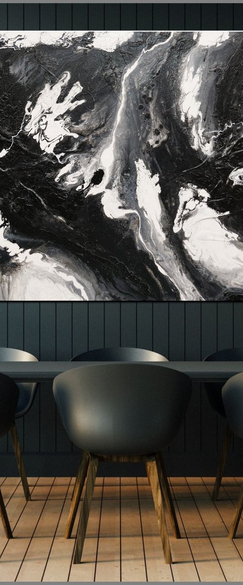 Iced Nero 190cm x 100cm Black White Textured Abstract Art by Franko