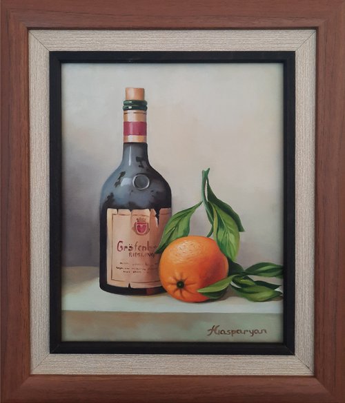 Still life with bottle and orange (24x30cm, oil painting, ready to hang, framed) by Ara Gasparian