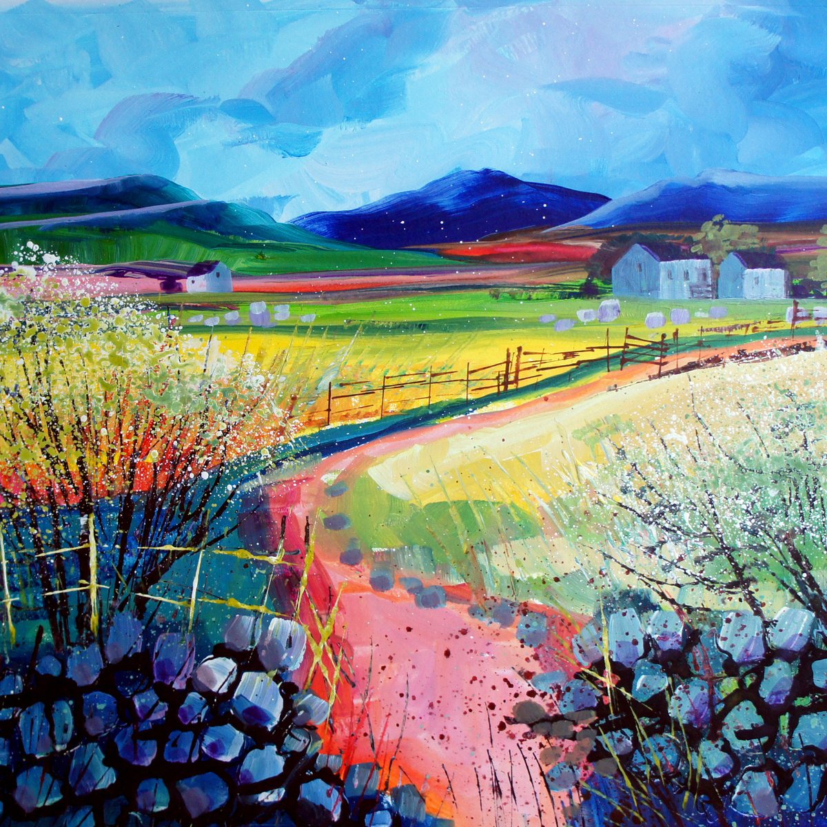 Impressionistic Landscape Acrylic Painting By Julia Rigby, 16 X 16", Track To The Barns, Original Artwork