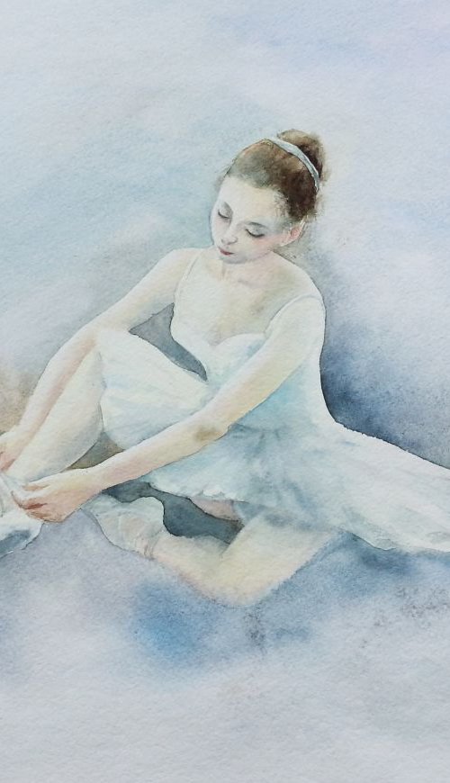 Young ballerina tying her slip by Olga Beliaeva Watercolour