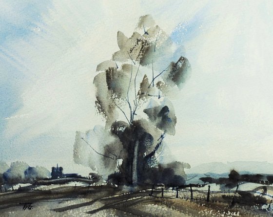 HANBURY CHURCH and TREE, Worcestershire. Original watercolour landscape painting.