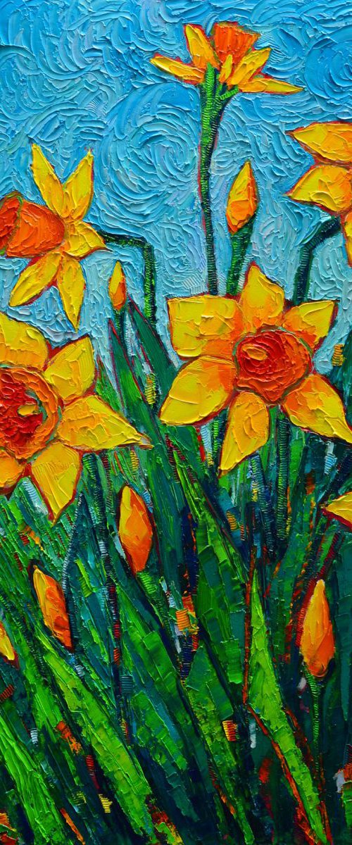 DANCING DAFFODILS 80X55cm -spring flowers modern impressionist palette knife oil painting by ANA MARIA EDULESCU