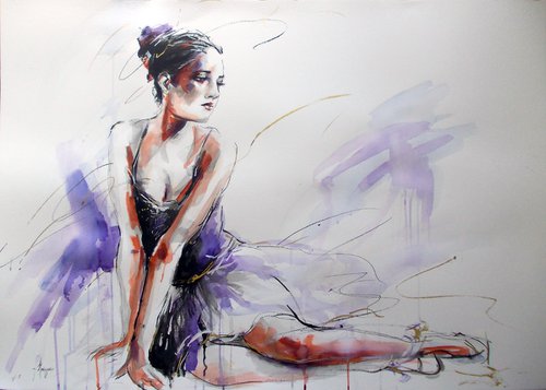Pause II -Ballerina Painting on Paper by Antigoni Tziora