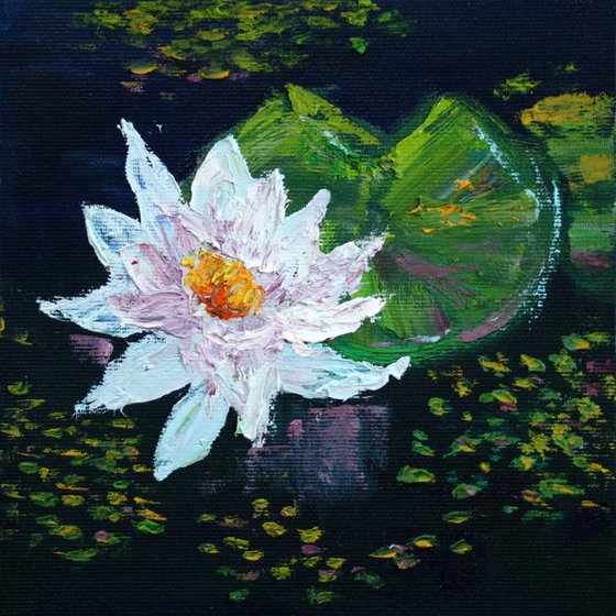 WATER LILY II. 7"x7"  PALETTE KNIFE / From my a series of mini works WORLD OF WATER LILIES /  ORIGINAL PAINTING