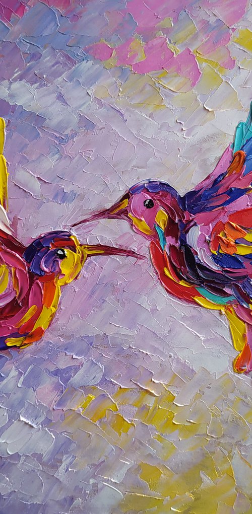 In pink dreams - birds, hummingbirds oil painting, love oil painting, birds oil painting, hummingbirds, love, animals oil painting, art bird, impressionism, palette knife, gift idea. by Anastasia Kozorez